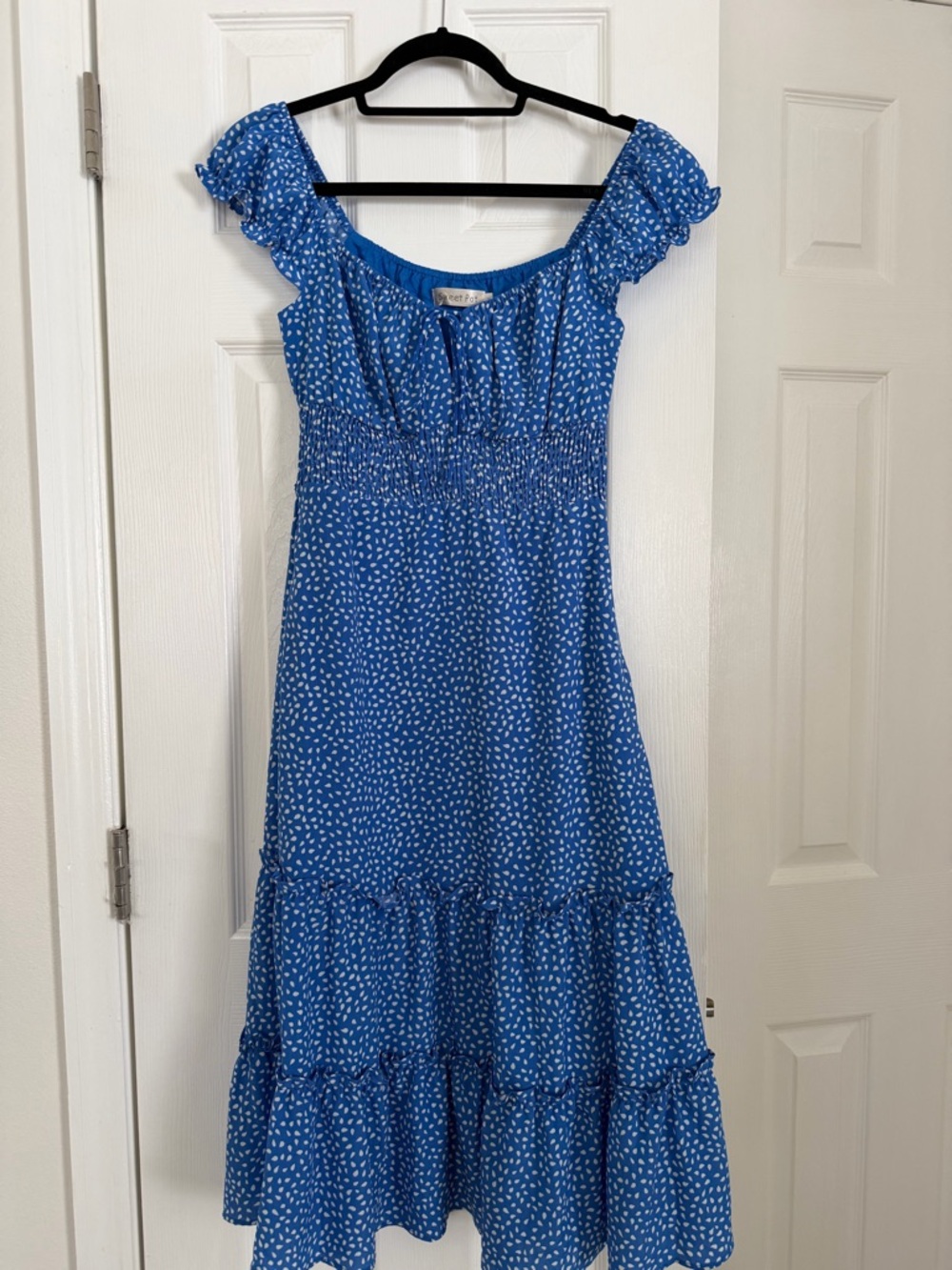 Hello Molly Blue Off-Shoulder Midi Dress with Ruffle Tiers